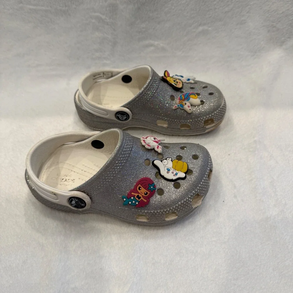 Crocs Kids Classic‎ Glitter Clog Silver Sparkle Unicorn Mermaid Charms Size C10